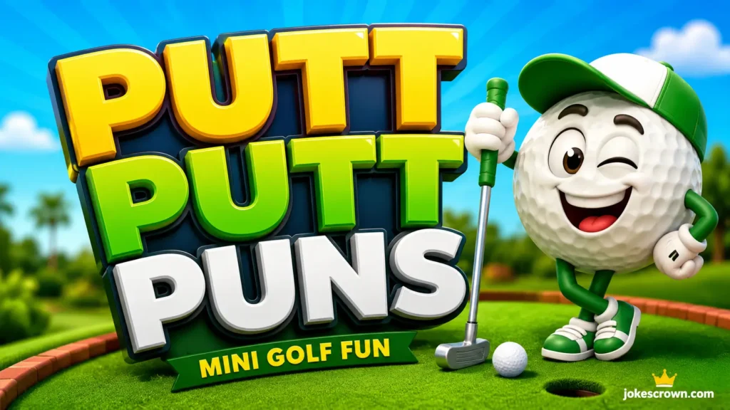 A cartoon featured image for an article about putt putt puns on jokescrown.com.