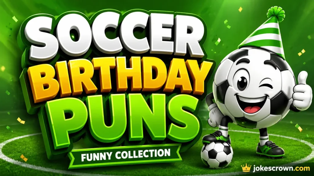A 3D green and white title reading 'Soccer Birthday Puns' with a cartoon lion mascot and soccer balls.