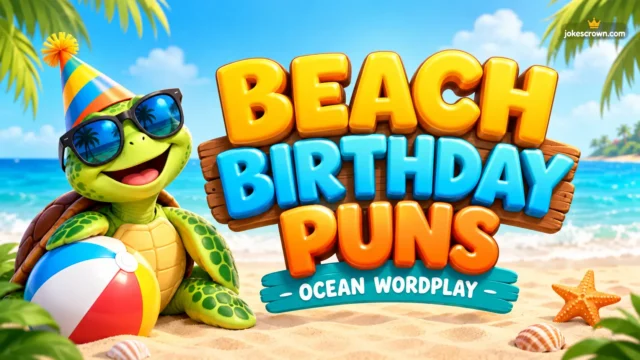 A vibrant 3D thumbnail featuring a festive crab and bold typography for beach birthday puns.