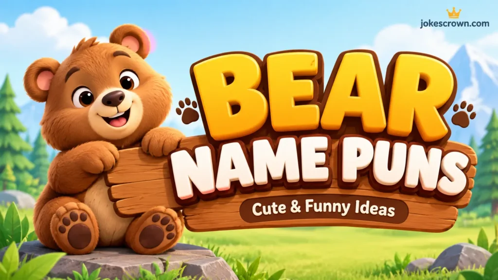 A friendly cartoon bear smiles next to large, brown and cream 3D typography reading "BEAR NAME PUNS" in a forest setting.