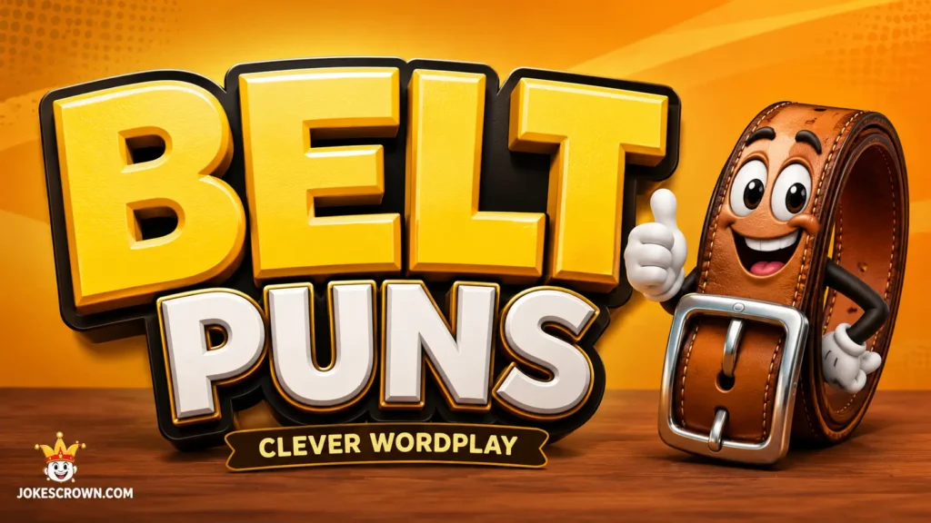 Belt puns headline in 3D typography alongside a friendly cartoon belt mascot for jokescrown.com.