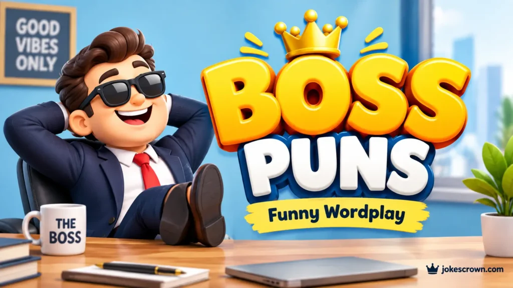 A featured image for an article about boss puns, featuring bold 3D text and a bulldog mascot.