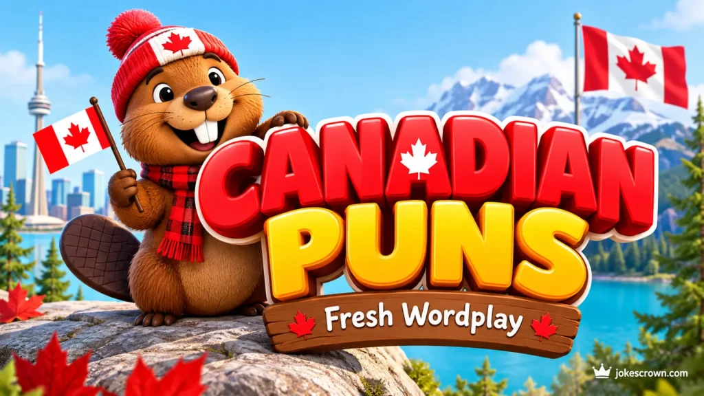 Bold 3D Canadian Puns featured image text with a cheerful cartoon moose mascot holding maple syrup.