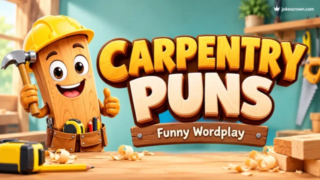 A 3D image showing large wooden text that reads 'Carpentry Puns' next to a smiling cartoon beaver holding a saw.