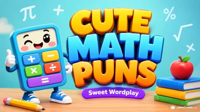 A cheerful calculator cartoon next to big 3D text reading Cute Math Puns for jokescrown.com.