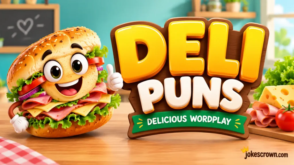 A cheerful deli man cartoon stands next to bold, glossy 3D letters that spell out 'deli puns'.