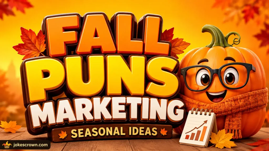 Bold 3D typography for "Fall Puns Marketing" with a cute cartoon leaf character holding a rake and microphone on an autumn background.