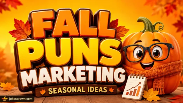 Bold 3D typography for "Fall Puns Marketing" with a cute cartoon leaf character holding a rake and microphone on an autumn background.