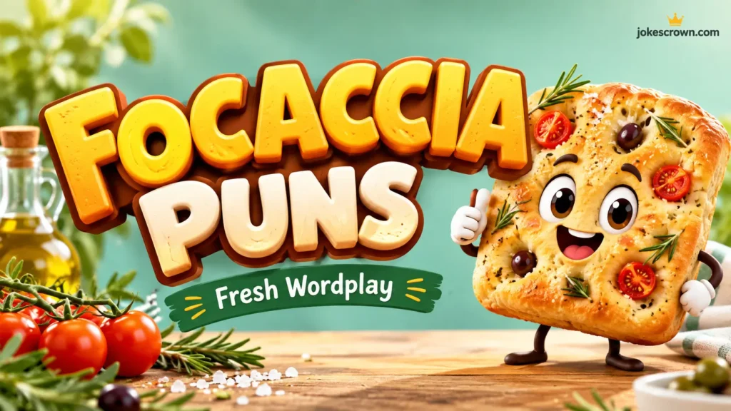 Featured image for focaccia puns article showing a cute cartoon focaccia mascot and bold 3D bread typography.