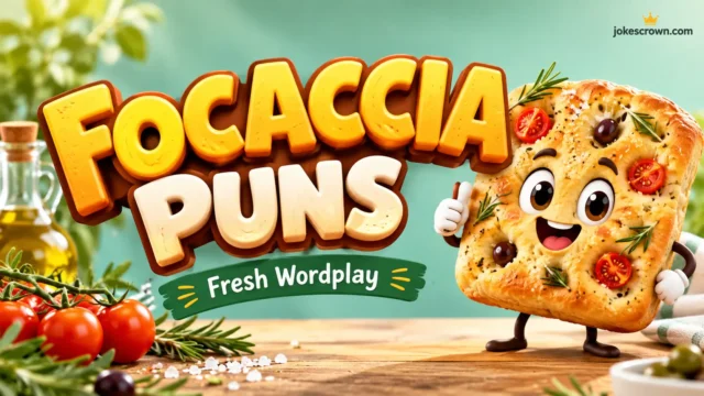 Featured image for focaccia puns article showing a cute cartoon focaccia mascot and bold 3D bread typography.