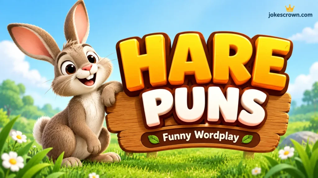 Official featured image for hare puns featuring a 3D headline and a cartoon hare mascot.