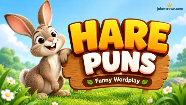 Official featured image for hare puns featuring a 3D headline and a cartoon hare mascot.