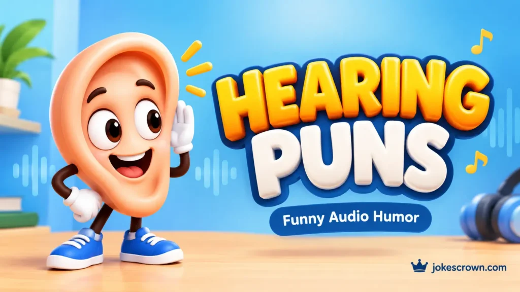 Featured cover image displaying 3D text for hearing puns with a friendly cartoon ear wearing headphones.