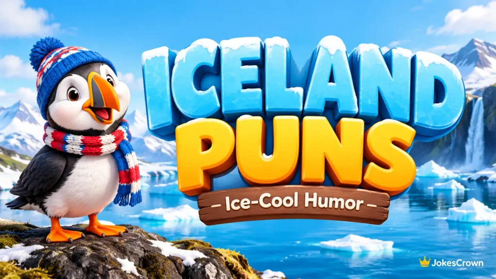 A featured thumbnail image featuring glossy 3D text that reads ICELAND PUNS with a cartoon puffin mascot.