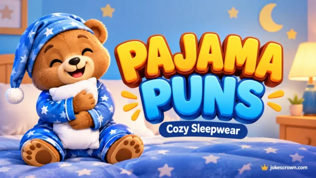 Featured cover image displaying 3D title text for pajama puns with a cute sleeping teddy bear mascot.
