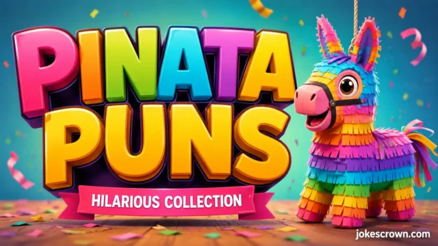 Colorful pinata puns featured image showing vibrant 3D text and a party piñata illustration for jokescrown.com.