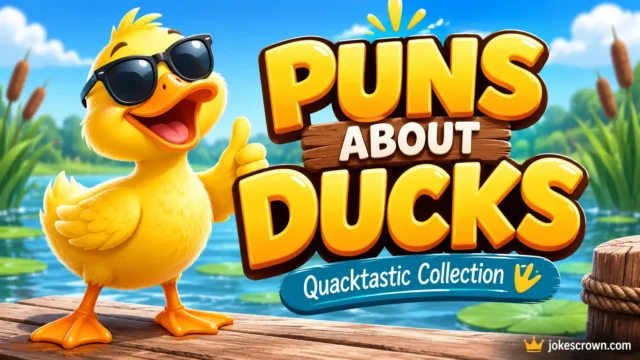 A cheerful featured image thumbnail displaying bold 3D text for puns about ducks, clean wordplay, and a cartoon duck mascot.