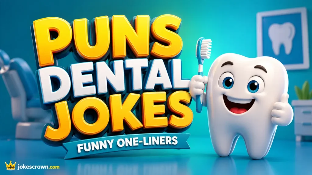 Featured image for puns dental jokes featuring 3D typography and a happy tooth mascot holding a toothbrush.