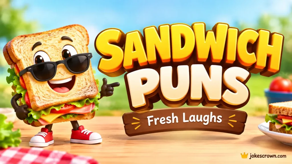 A colorful featured image titled Sandwich Puns with a cute smiling sandwich mascot.