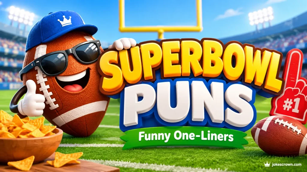 A bright thumbnail featuring 3D text reading Superbowl Puns with a funny cartoon football mascot.