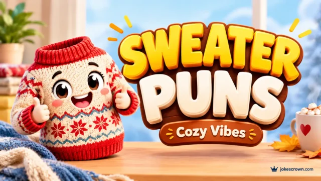 A featured image for jokescrown.com featuring bold 3D text 'SWEATER PUNS' and a cartoon sheep mascot wearing a knitted sweater.