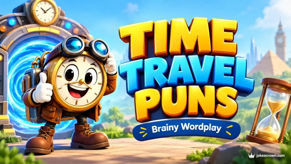 Featured cover image showcasing time travel puns with a cartoon scientist and bold 3D text.