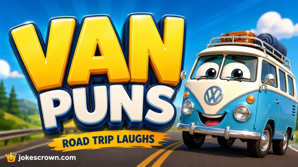 A colorful featured image thumbnail displaying bold 3D text that reads "VAN PUNS" with a cute cartoon camper van driving.