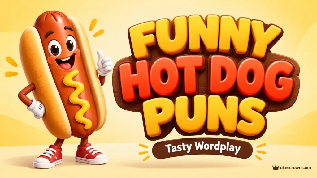 Funny hot dog puns thumbnail with bold 3D lettering and a cheerful cartoon hot dog mascot.
