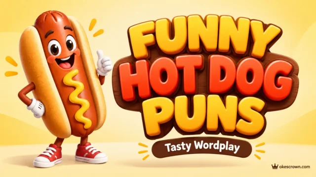 Funny hot dog puns thumbnail with bold 3D lettering and a cheerful cartoon hot dog mascot.