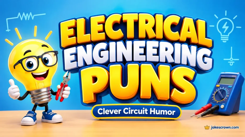 Electrical engineering puns thumbnail with bold 3D text and a smiling light bulb engineer mascot.
