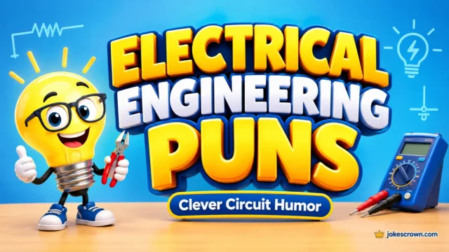 Electrical engineering puns thumbnail with bold 3D text and a smiling light bulb engineer mascot.