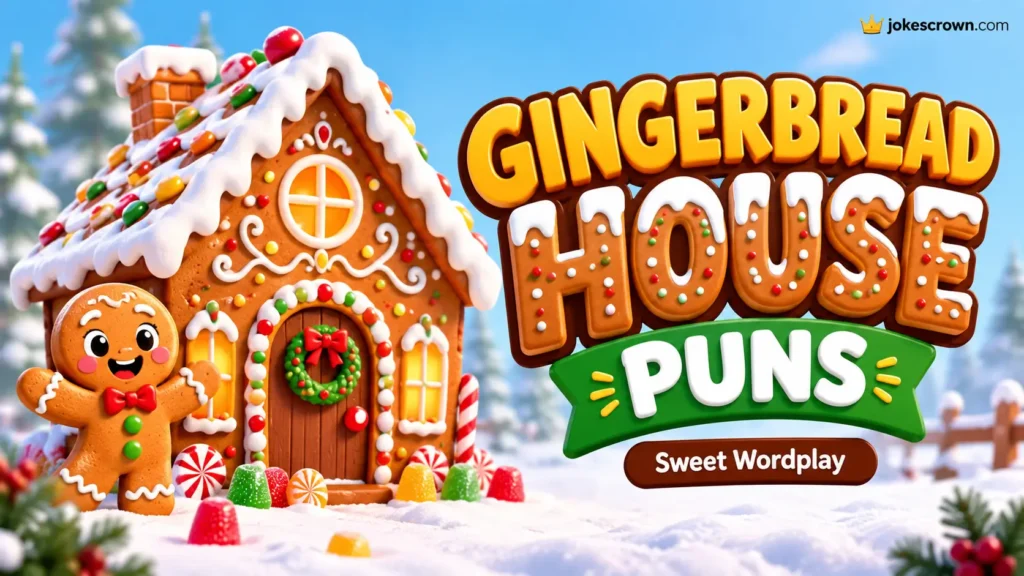 Gingerbread house puns thumbnail with a colorful gingerbread house, smiling cookie mascot, and 3D text.