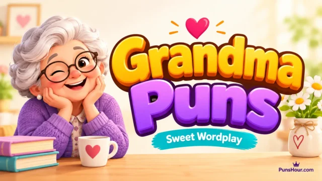 Grandma puns featured image with a cheerful cartoon grandma and colorful 3D lettering.