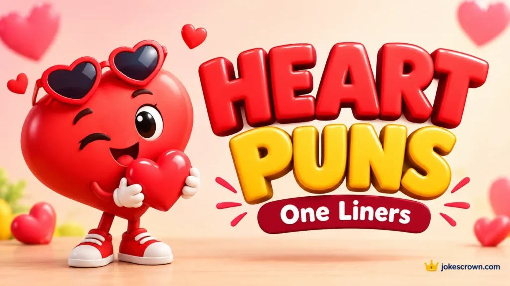 heart puns one liners thumbnail with a cute 3D red heart mascot and bold colorful typography.