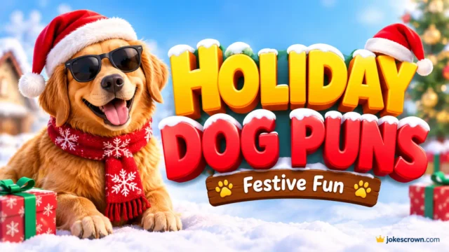 Holiday dog puns featured image with a festive dog in a Santa hat