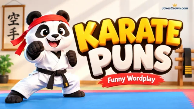 Karate puns featured image with a cartoon panda wearing a black belt and bold 3D lettering.