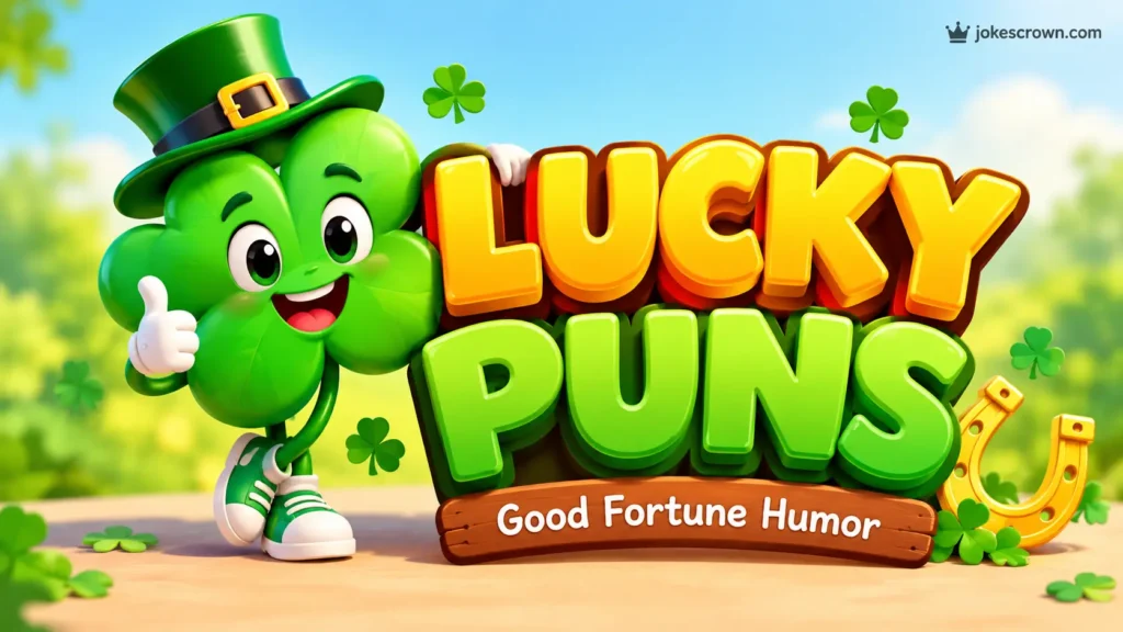 Lucky puns featured image with a cheerful 3D clover mascot and bold colorful typography.