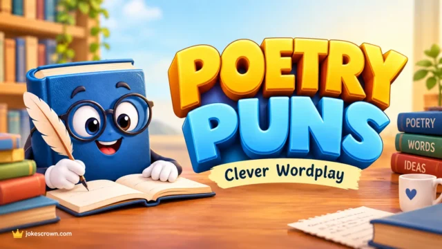 Poetry puns thumbnail with bold 3D lettering, a cheerful book mascot, and a feather quill.